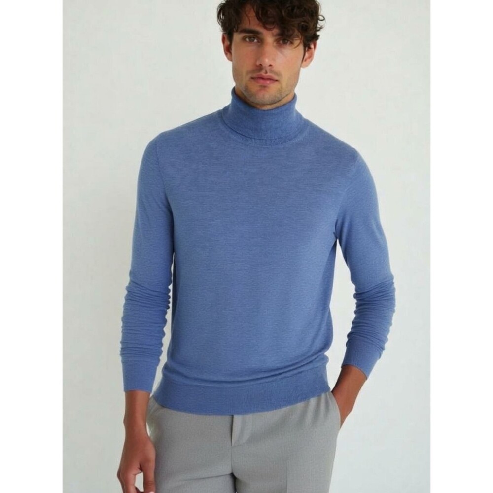 BLOOMINGDALES Sweater Mens Small Blue Turtleneck Pullover 100% Wool $168